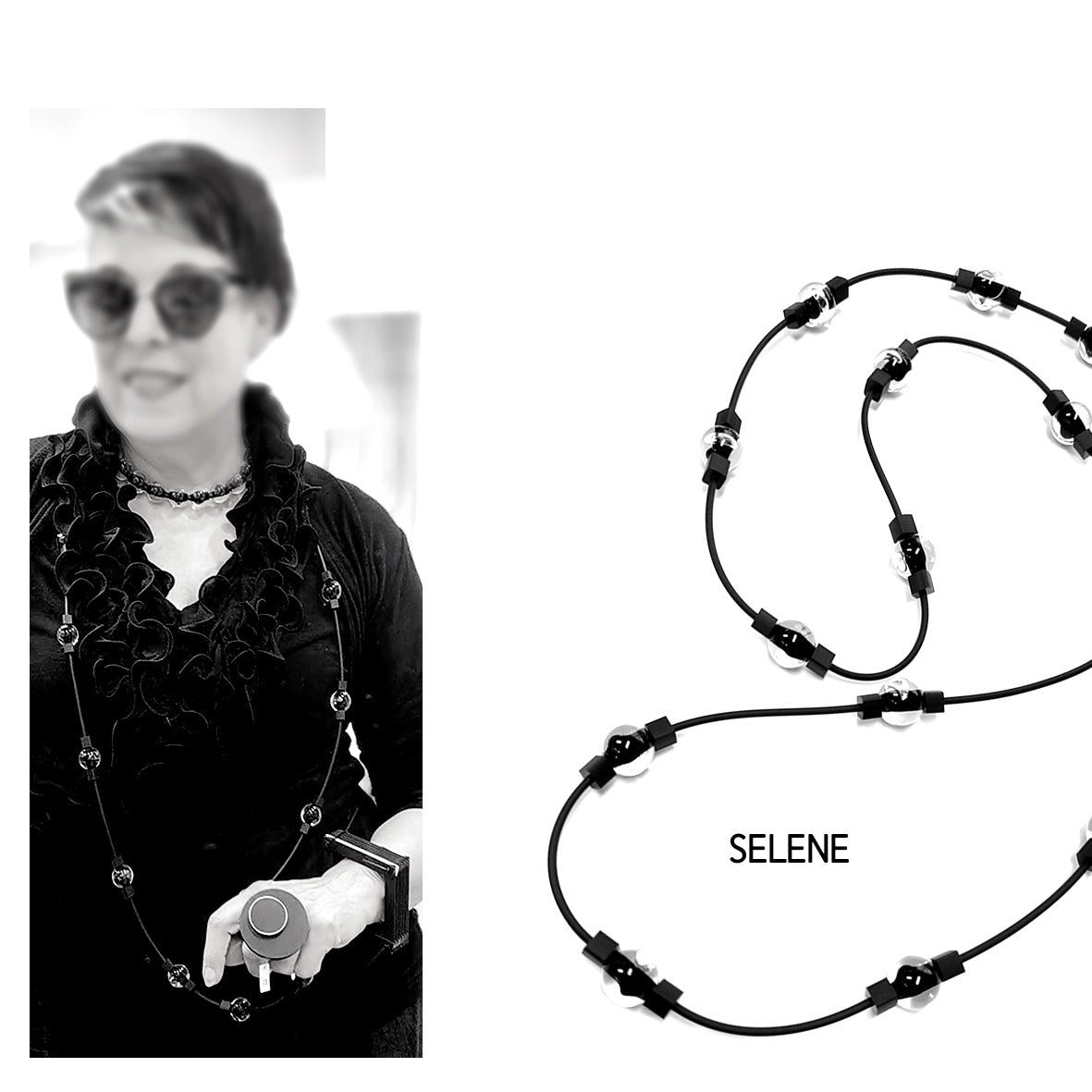 SELENE double-wrapped long necklace Black Crystal